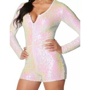 Spirit Halloween White Sequin Embellished Long Sleeve Romper Womens Large